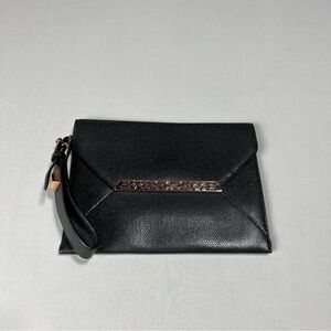 STELLA  & DOT Black Faux Leather Avalon Envelope Clutch Decorative Gold Tone